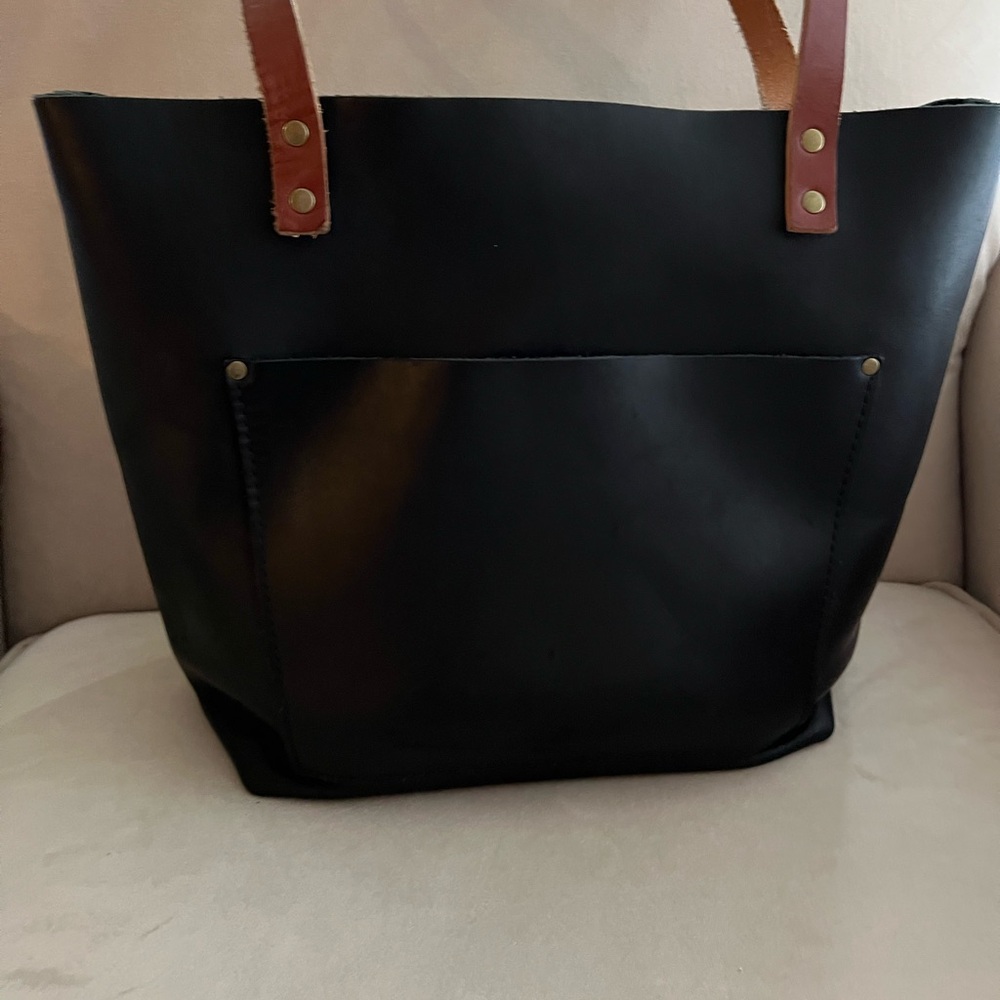 Elegant Black Portland Leather Tote Bag With Tan Handles